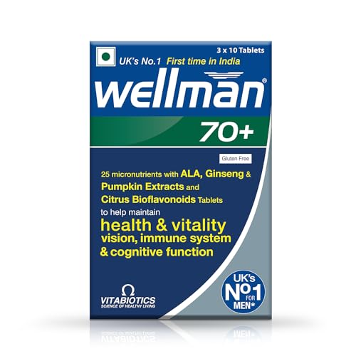 wellman 70+ multivitamin tablets for men over age 70 years with Pumpkin seed extract,vitamin D, B6, n, Immune Health Gluten free vegetarian 30 tablets