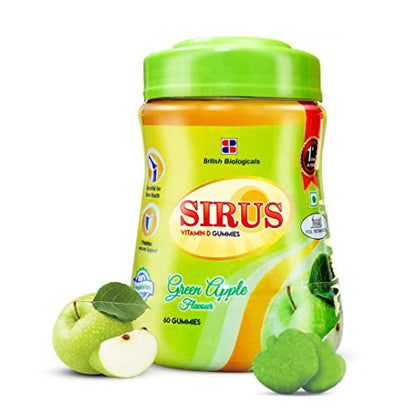 British Biologicals - Sirus Vitamin D3-60 Gummies for Women & Men - Supports Immunity, Bones, Teeth, Nervous System - Gluten Free - Green Apple Flavor