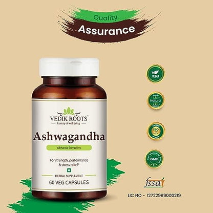 Vedikroots Ashwagandha Capsules | Boost Energy | Helps Anxiety & Stress Relief For Men & Women 60 Veg Capsules (Pack of 1)