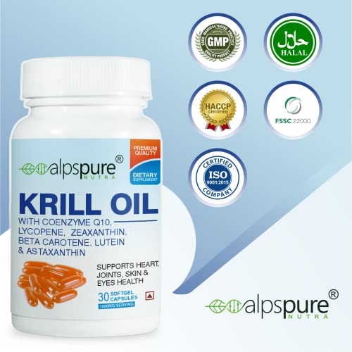 Alpspure Nutra Krill Oil 1000 mg Softgel Capsules | Krill Oil supplement Supports Heart, Joints, Skin & Eyes health (pack of 1)