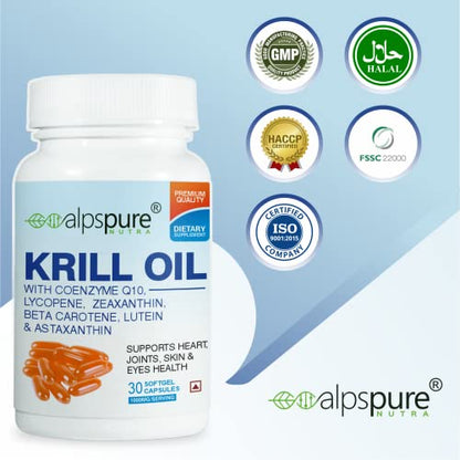 Alpspure Nutra Krill Oil 1000 mg Softgel Capsules | Krill Oil supplement Supports Heart, Joints, Skin & Eyes health (pack of 1)