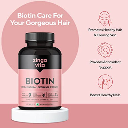 Zingavita Plant Based High Potency Biotin for Hair Growth - 60 Veg Tablets, Ideal Supplement for Strong Hair, Glowing Skin & Strong Nails