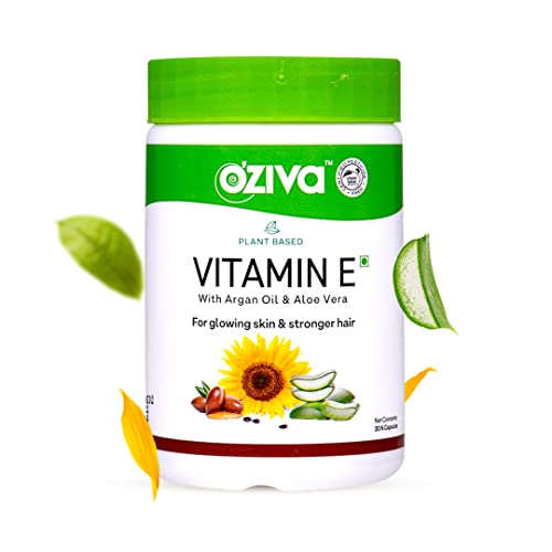 OZiva Plant Based Vitamin E with Sunflower, Aloe Vera & Argan Oils for Glowing Skin & Strong Hair, Certified Vegan, 30 Capsules