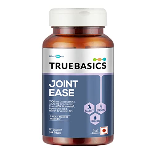 TrueBasics Joint Ease, with 1500 mg Glucosamine, 1200 mg Chondroitin, Boswellia, Vitamin D3, and Hya Joint Pain, Bone, and Muscle Strength, 90 Tablets