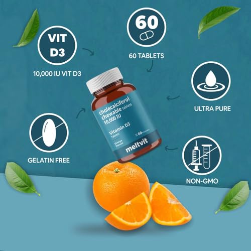 MELTVIT Chewable Vitamin D3 10000 IU - Cholecalciferol Vitamin D Supplement for Women & Men | Orange Flavour - 60 Tablets