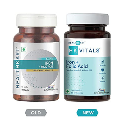 HealthKart HK Vitals Iron + Folic Acid Supplement, with Zinc, Vitamin C & Vitamin B12, Supports Blood Building, Immunity, 60 Tablets