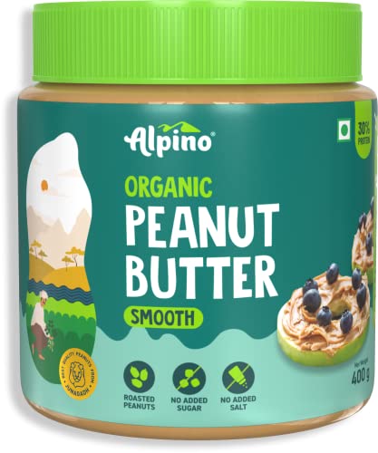 Alpino Organic Natural Peanut Butter Smooth 400 G | Unsweetened | Roasted Organic Peanuts | No Sugar, Salt | Gluten-Free | Vegan