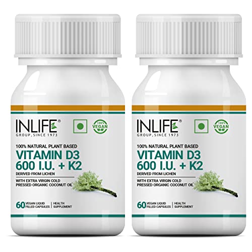 INLIFE Plant Based Vegan Vitamin D3 K2 Supplement with Extra Virgin Cold Pressed Coconut Oil for Bone Health & Immunity, 600 IU - 2x 60 Veg Caps