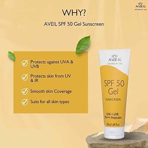 AVEIL SPF 50 Gel Sunscreen - 50ml | Dermatologically Tested For All Skin Types | Non-Greasy Non-Absoays | Rejuvenates & Repairs Skin From Photo-Ageing