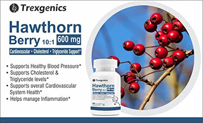 Trexgenics Hawthorn Berry 600 mg Cardiovascular, Cholesterol, triglycerides, Blood Pressure Support Vegan & Non-Gmo (60 Veg. Capsules)