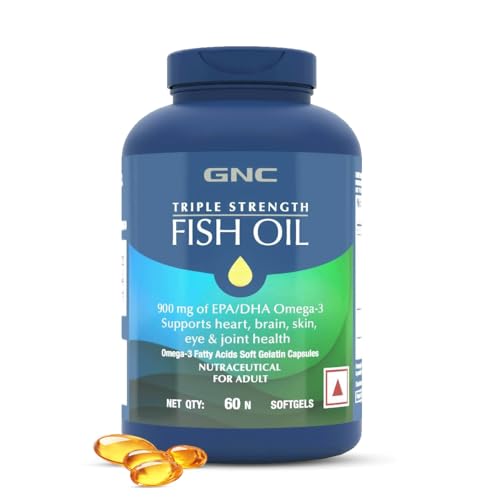 GNC Triple Strength Fish Oil Omega 3 Capsules for Men & Women | 60 Softgels | 900mg EPA & DHA | Imprtertaste | Supports Family Health | USA Formulated