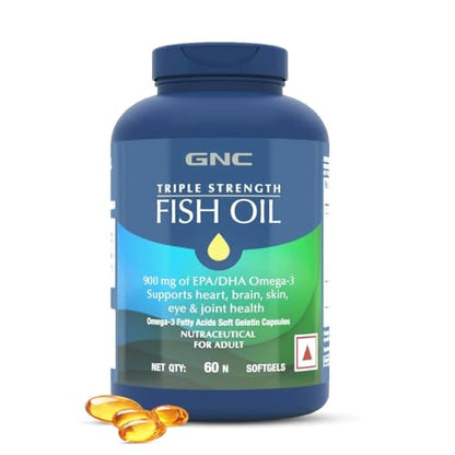 GNC Triple Strength Fish Oil Omega 3 Capsules for Men & Women | 60 Softgels | 900mg EPA & DHA | Imprtertaste | Supports Family Health | USA Formulated