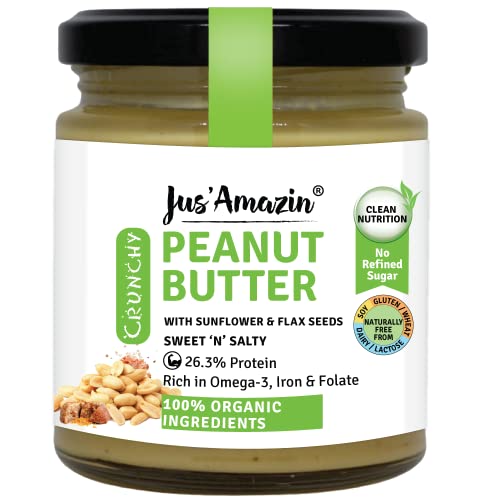 Jus' Amazin Crunchy Organic Peanut Butter – with Crunchy Flax and Sunflower Seeds | 28% Protein | Rich in Omega-3 | Zero Chemicals | Dairy Free