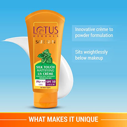 Lotus Herbals Safe Sun Silk Touch Mattifying Uv Screen Crème Spf 50| Pa+++, 75 g