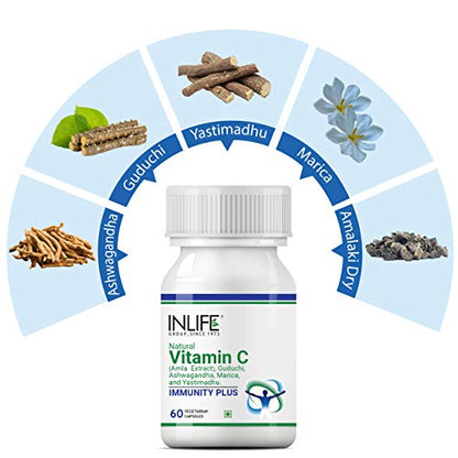 INLIFE Natural Vitamin C (Amla) Guduchi Ashwagandha Marica Yastimadhu (Licorice), 500 mg - 60 Veg Capsules