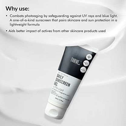 ThriveCo Ultra-Light Daily Sunscreen Gel,Mineral-Based SPF 50 PA+++ for Protection Against UVA/UVB rAll Skin Types 50 ml Skin Hydration and Protection