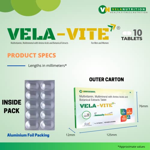 VELAVITE 38 Essential Vitamins, Minerals, Amino Acids and Botanical Extracts for an Overall Good Health- Pack of 30 Tablets