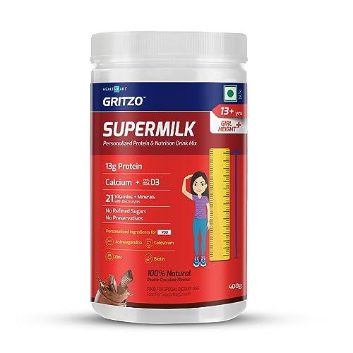 Gritzo Supermilk Height+ For 13+Y Girls,Personalized Health Drink For Kids, Double Chocolate,400 G,Powder