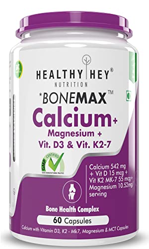 HealthyHey Nutrition Vegan Calcium with Magnesium, Vitamin D3 & Vitamin K2- Mk7 - BoneMax - Bone Health Complex - 60 Vegetable Capsules