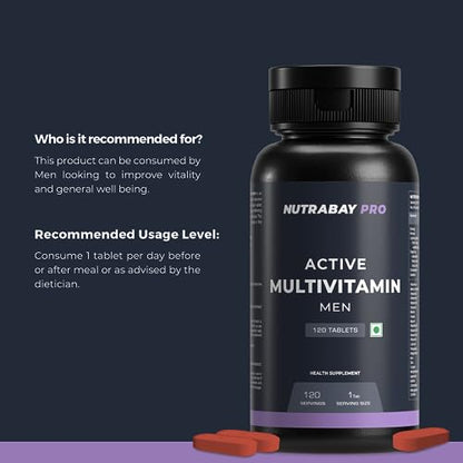 Nutrabay Pro Active Multivitamin for Men - 25 Vitamins & Minerals with Zinc, Vitamin C, Vitamin D an, Stamina & Immunity - 120 Veg Multivitamin Tablet