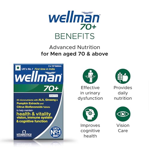 wellman 70+ multivitamin tablets for men over age 70 years with Pumpkin seed extract,vitamin D, B6, n, Immune Health Gluten free vegetarian 30 tablets