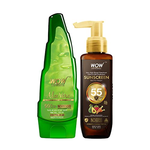 WOW Skin Science Sunscreen Kit - consist of Sunscreen Matte Finish SPF 55 & 99% Pure Aloe Vera Gel - Net Vol 250ml