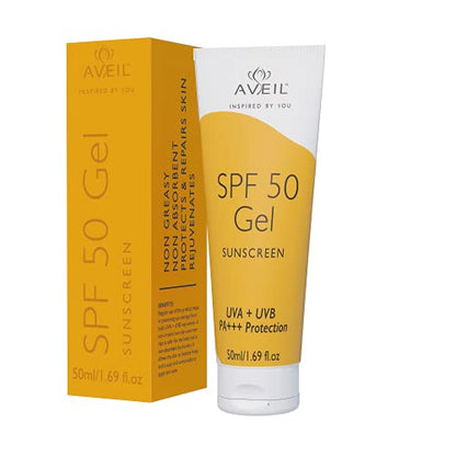 AVEIL SPF 50 Gel Sunscreen - 50ml | Dermatologically Tested For All Skin Types | Non-Greasy Non-Absoays | Rejuvenates & Repairs Skin From Photo-Ageing