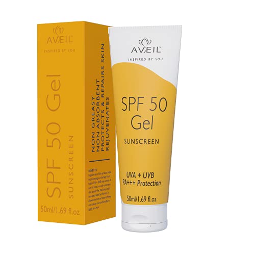 AVEIL SPF 50 Gel Sunscreen - 50ml | Dermatologically Tested For All Skin Types | Non-Greasy Non-Absoays | Rejuvenates & Repairs Skin From Photo-Ageing