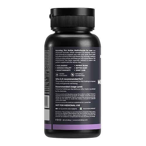 Nutrabay Pro Active Multivitamin for Men - 25 Vital Vitamins & Minerals with Zinc, Vitamin C, Vitamihances Energy, Stamina & Immunity - 30 Veg Tablets