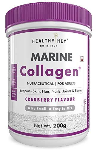 HealthyHey Marine Collagen Powder 200g - Collagen Peptides | Type 1 Collagen with Hyaluronic Acid for Skin, Hair, Nails (Cranberry, 200g)