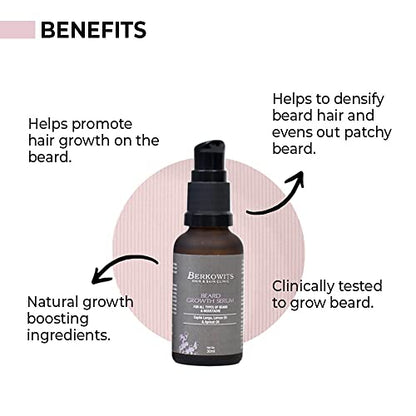 BERKOWITS HAIR & SKIN CLINICS - Best Beard Growth Serum for Thicker Beard and Filing Patchy Beard | ntains Capila Longa, Lemon Oil, Apricot Oil - 30ML