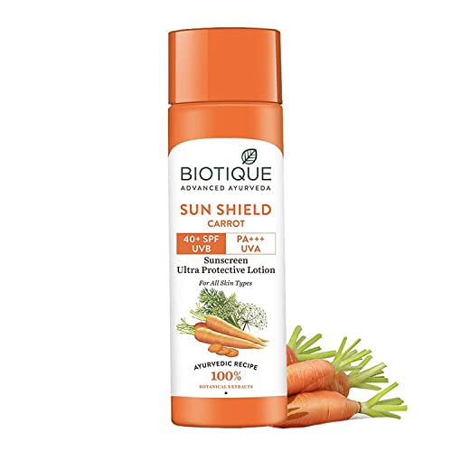 Biotique Carrot Face & Body Sun Lotion | SPF 40 UVA/UVB Sunscreen | Prevents Ageing and Soothes Dry cal Extracts | Suitable for All Skin Types | 120ml