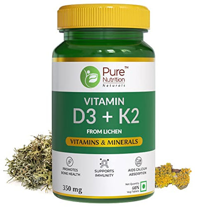 Pure Nutrition Naturals Vitamin D3 Plus K2, Vitamin D3 (600 IU) Supplement for Strong Bones - 60 Veg Tablets