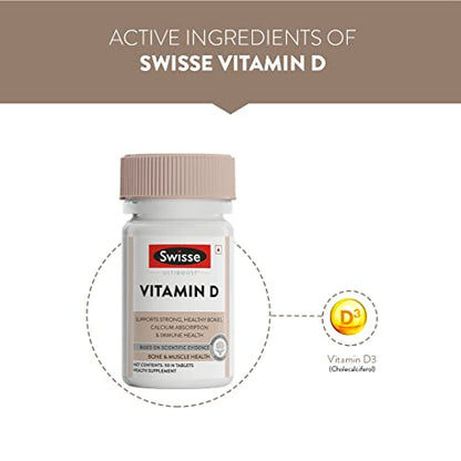 Swisse Ultiboost Vitamin D - 100% RDA of Vitamin D3 for Healthy Bones, Immunity & Strong Muscles - 90 Tablets