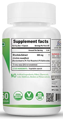 NutriJa Rhodiola Rosea Root Extract 500mg - Standardized to 3% Rosavins & 1% Salidroside | Adaptogen Complex with Bioperine (120 Capsules)