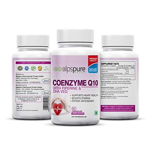 Alpspure Nutra Coenzyme Q10 / COQ10 100Mg High Absorption With Piperine & Dha Veg (60 Veg Capsules)  Antioxidant, Promotes Heart Health & Boost Energy