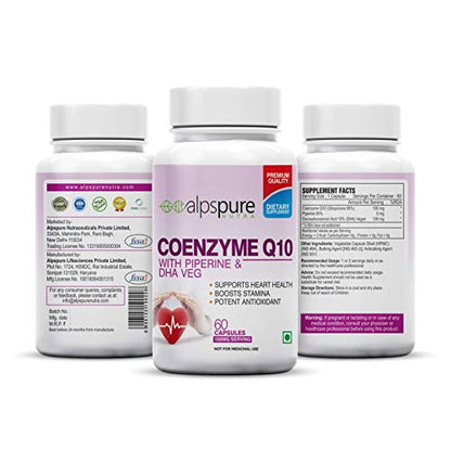 Alpspure Nutra Coenzyme Q10 / COQ10 100Mg High Absorption With Piperine & Dha Veg (60 Veg Capsules)  Antioxidant, Promotes Heart Health & Boost Energy