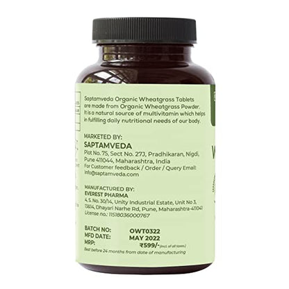 SAPTAMVEDA Organic Wheat Grass Tablets (120 Tablets, 500mg) - Natural Antioxidant Superfood, Supports Healthy Joints, Immunity Booster, Non-GMO, Vegan