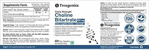 Trexgenics Choline Bitartrate 650mg Cognitive Function, Fat Metabolism, Brain & Nervous System Health Support Vegan & Non-GmO (60 Veg Capsules)