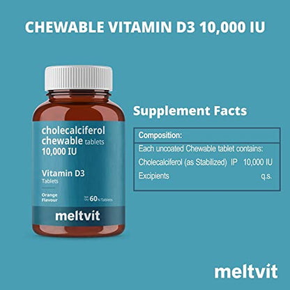 MELTVIT Chewable Vitamin D3 10000 IU - Cholecalciferol Vitamin D Supplement for Women & Men | Orange Flavour - 60 Tablets