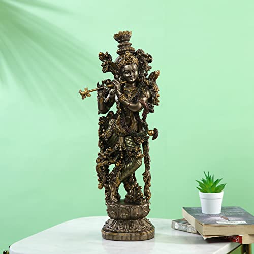 Collectible India 15" Large Krishna Idol - Bronze Finish- Lord Krishan Murti Statue Hindu Religious (Size 15 x 5 Inches)