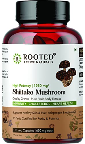 Rooted Shiitake Mushroom 120 Capsules 650 mg | Supports Healthy Cholesterol & Helps BP Levels |Immunity, Heart, Skin & Hair Health & Weight Control