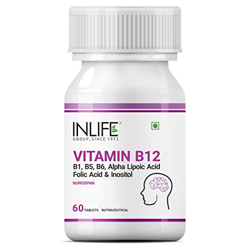 INLIFE Vitamin B12 with B1, B5, B6, Alpha Lipoic Acid ALA, Folic Acid, Inositol Supplements - 60 Tablets (Pack of 1, 60)