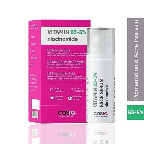 Cos-IQ 5% Niacinamide Face Serum for Clear Glowing Skin, Reduces Dullness, Hydrates & Repairs Skin with Vit B3 & Hyaluronic Acid, 30ml