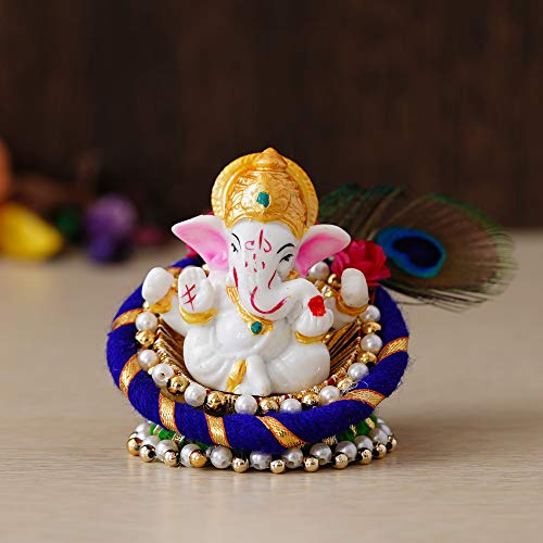 eCraftIndia Polyresin Lord Ganesha Idol on Decorative Handcrafted Floral Plate, God Idol for Car Dashboard, Home, Office Decor