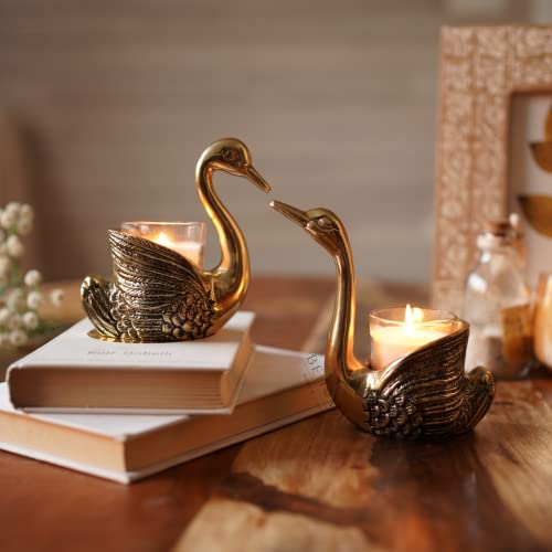 BEHOMA Metal Pair of Swans for Good Luck and Love | Candle Holder for Home Decor (Candles/Plants etc not Included)