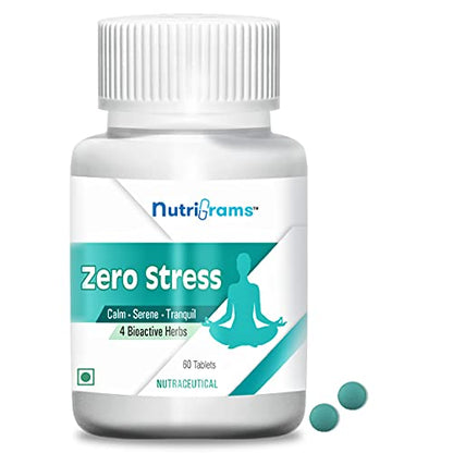 Nutrigrams Zero Stress, with Ashwagandha (7.5% Withanolides), Brahmi, Jatamansi & Tagar Extracts - 60 Tablets