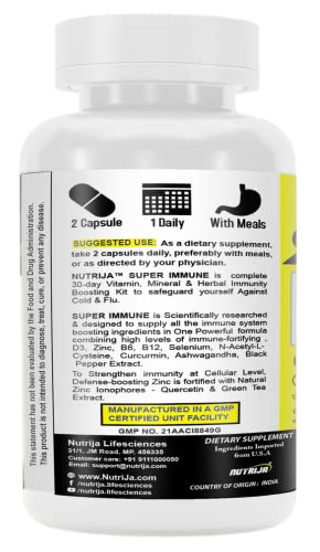 NutriJa Super Immune Booster - D3, Zinc, B6, B12, Curcumin, Quercetin, Herb Blends - Immunity Booster Supplement (120 Capsules)