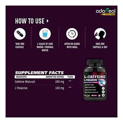 Adorreal Natural Caffeine and L-Theanine,Support Energy and Focus-120 Capsules