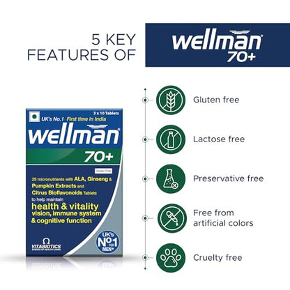 wellman 70+ multivitamin tablets for men over age 70 years with Pumpkin seed extract,vitamin D, B6, n, Immune Health Gluten free vegetarian 30 tablets